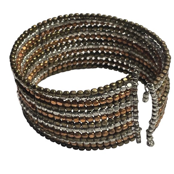 Handmade Beaded Cuff Bracelet Tri Color Stretch Boho Costume Jewelry Gift u - Picture 1 of 6